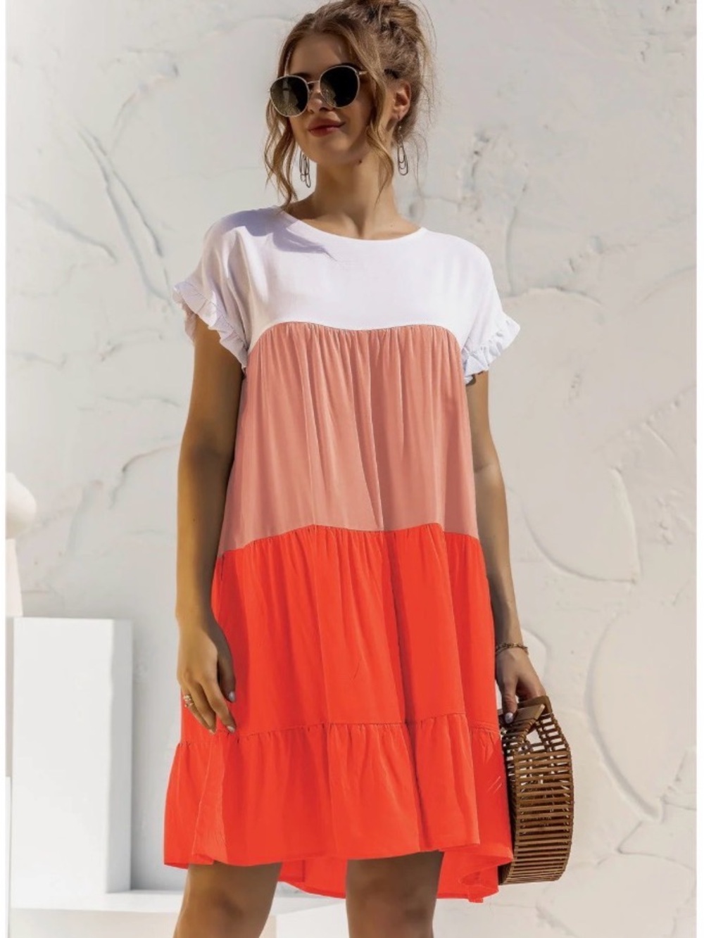 Colorblock Tiered Summer Dress in White, Blush and Coral